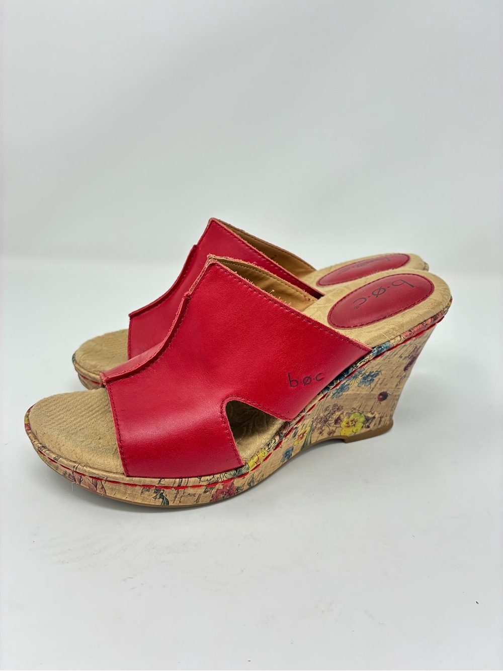 b.o.c. Red Leather Cork Wedge Mules floral